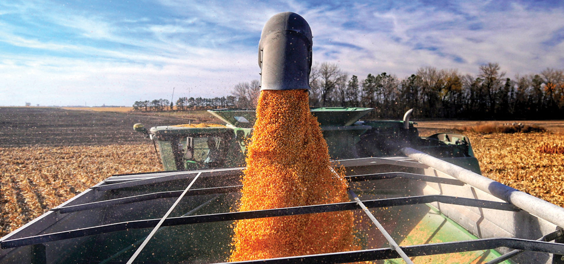 A combine unloading corn into a grain cart
