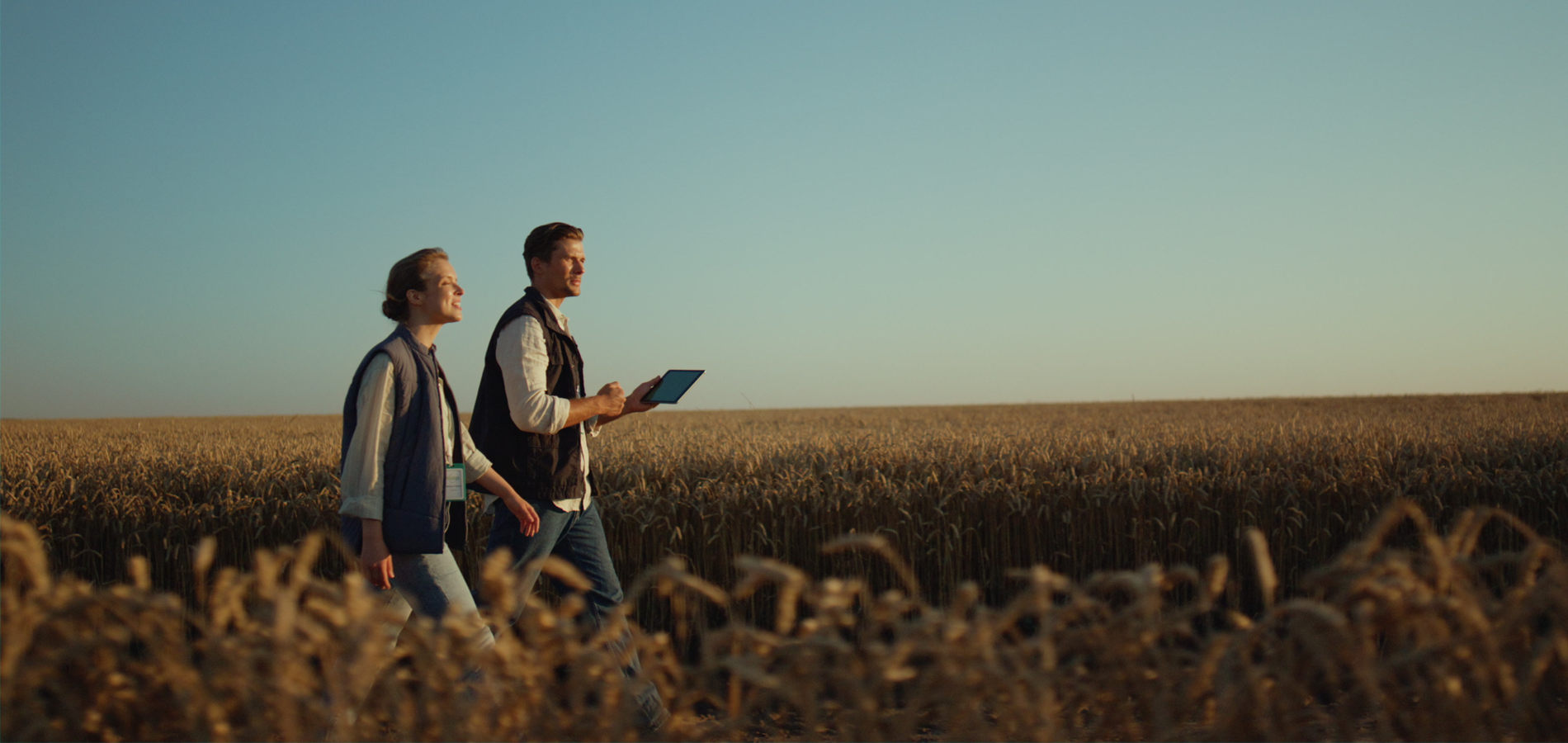 Farmers with Tablet Walking in Wheat Field