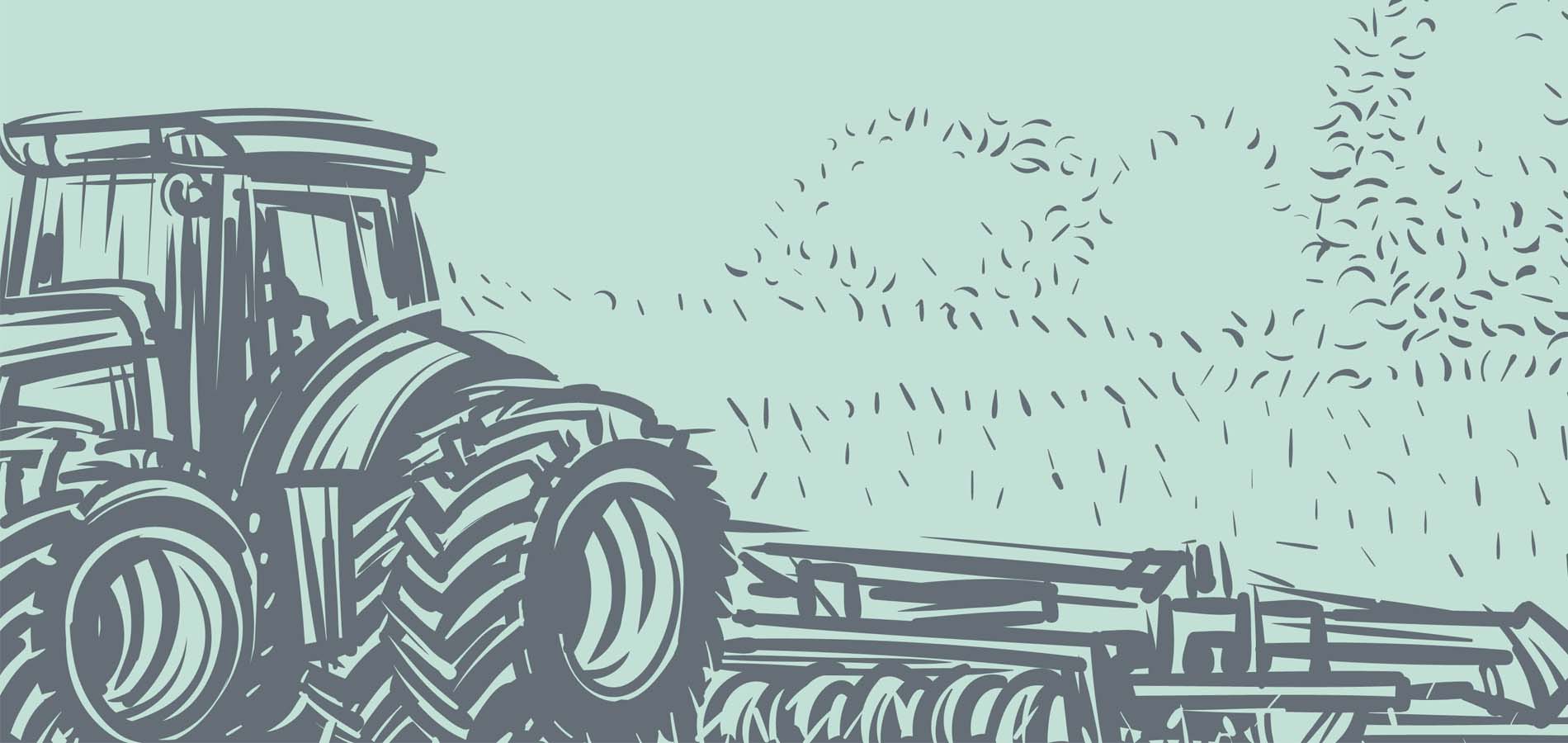 A cartoon tractor tilling up a field. 